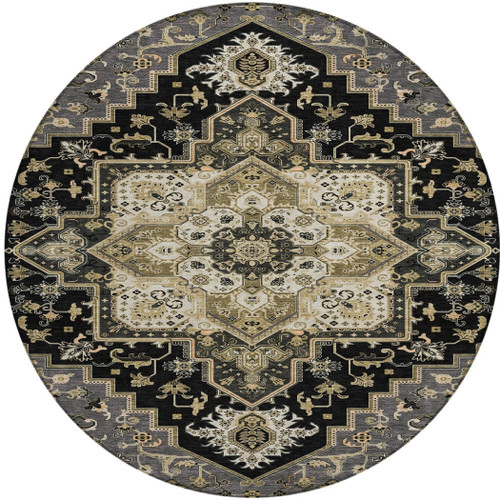 8' Black Gray And Ivory Round Oriental Washable Indoor Outdoor Area Rug