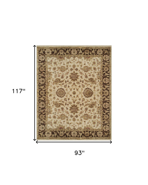 8' X 10' Ivory Brown and Gold Wool Oriental Hand Knotted Area Rug