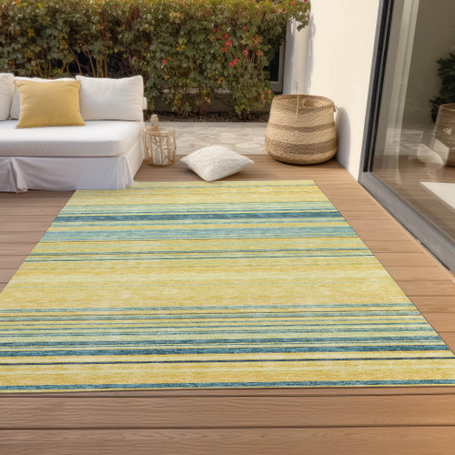 5' X 8' Yellow Denim Blue And Sky Blue Striped Washable Indoor Outdoor Area Rug