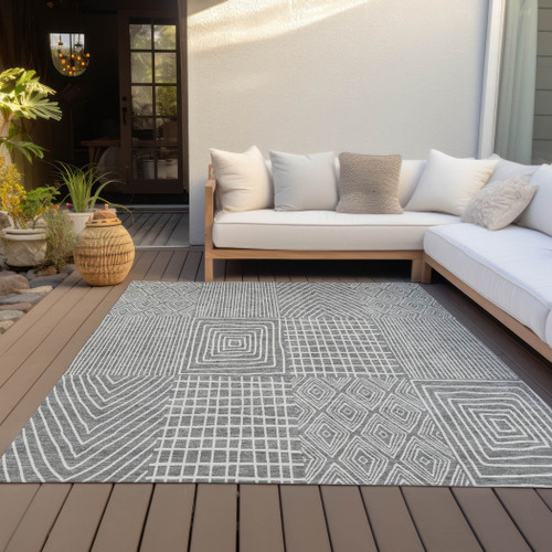 10' X 14' Gray And Ivory Geometric Washable Indoor Outdoor Area Rug