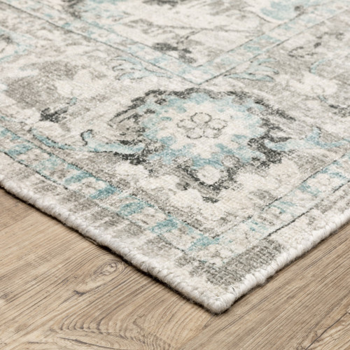 6' X 9' Ivory And Teal Blue Oriental Hand Tufted Area Rug