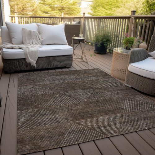 5' X 8' Brown And Taupe Geometric Washable Indoor Outdoor Area Rug