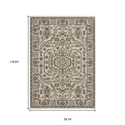 7' X 10' Ivory And Rust Floral Area Rug With Fringe