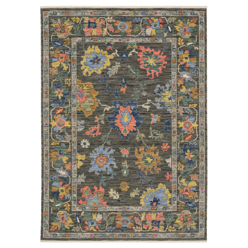7' X 10' Gray Yellow And Blue Oriental Area Rug With Fringe