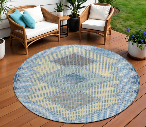8' Denim Blue Gray And Brown Round Geometric Washable Indoor Outdoor Area Rug