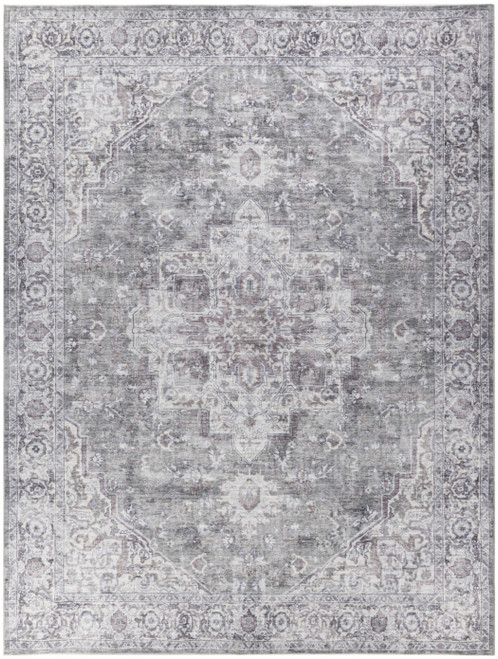 9' X 12' Gray and Ivory Floral Power Loom Distressed Washable Area Rug