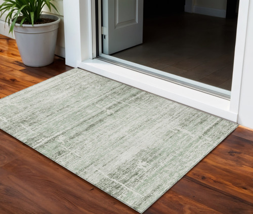3' X 5' Sage Artichoke Green And Ivory Abstract Washable Indoor Outdoor Area Rug