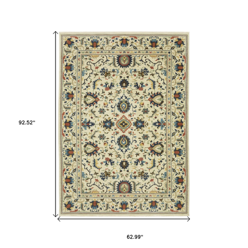 5' X 8' Ivory Blue And Orange Oriental Area Rug With Fringe