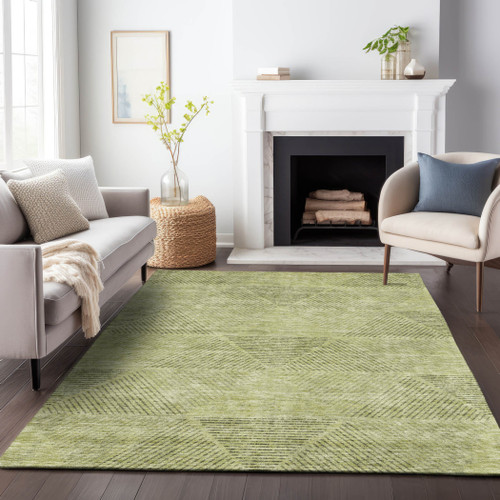 5' X 8' Artichoke Green And Fern Green Geometric Washable Indoor Outdoor Area Rug