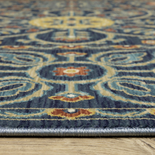 5' X 8' Blue And Rust Medallion Area Rug With Fringe