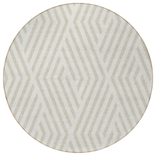 8' Round Beige and Ivory Round Geometric Washable Non Skid Indoor Outdoor Area Rug