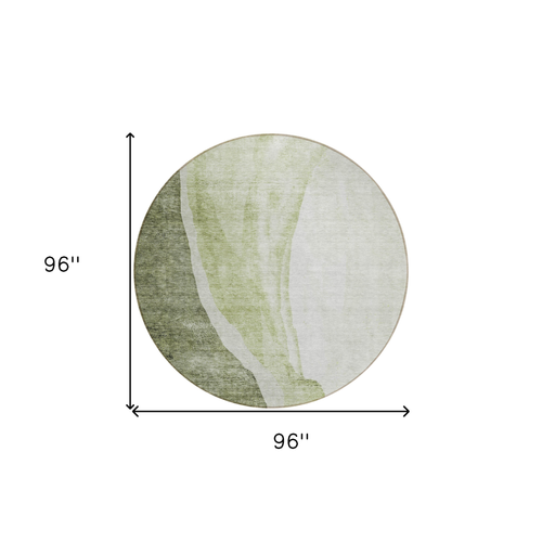 8' Olive Green And Beige Round Abstract Washable Indoor Outdoor Area Rug