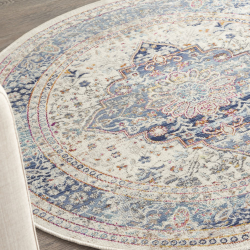 4' Ivory Blue And Orange Floral Distressed Round Rug