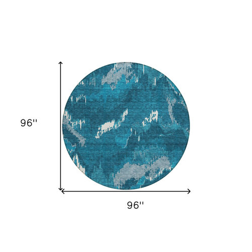 8' Navy Blue And Teal Blue Round Abstract Washable Indoor Outdoor Area Rug