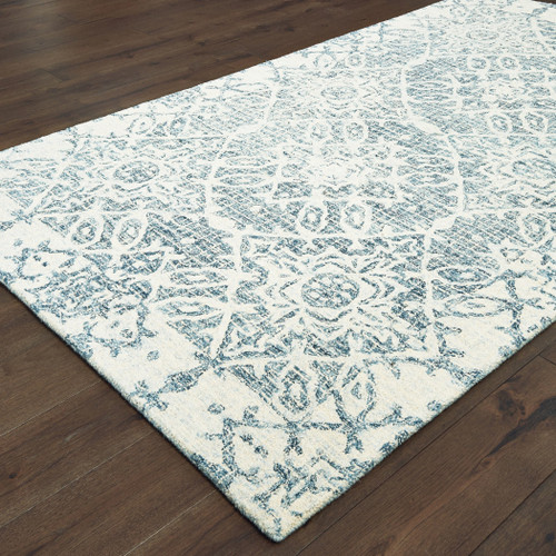 4' X 6' Blue And Ivory Wool Geometric Hand Tufted Area Rug