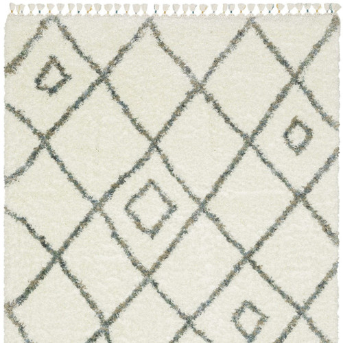 8' X 11' Ivory Gray And Tan Diamond Shag Area Rug With Fringe