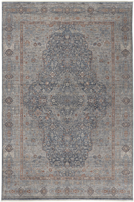 5' X 7' Gray Blue and Red Oriental Power Loom Worn Faded Area Rug With Fringe
