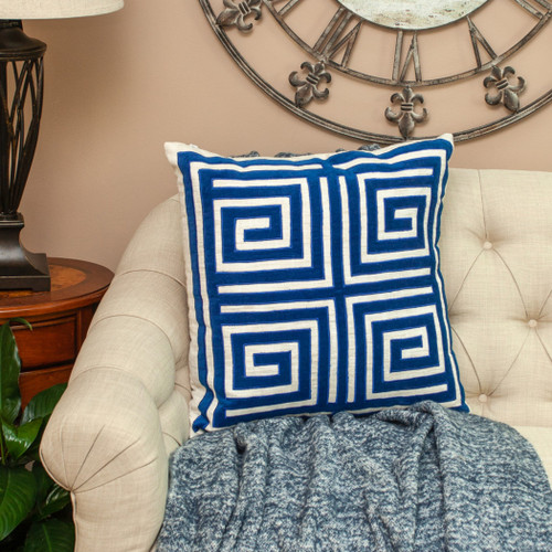 22" Beige and Blue Poly Cotton Blend Throw Pillow with Embroidery and applique