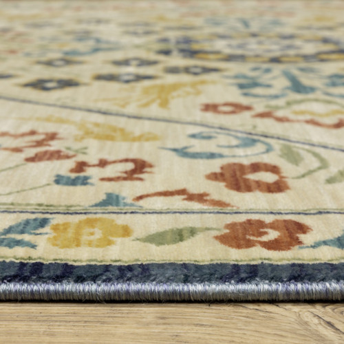 10' X 13' Ivory Orange And Navy Blue Oriental Area Rug With Fringe