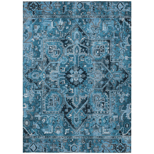 10' X 14' Denim and Gray Oriental Washable Non Skid Indoor Outdoor Area Rug