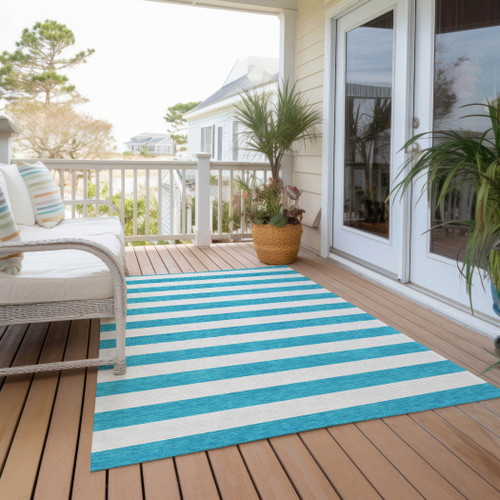 9' X 12' Teal and White Striped Washable Indoor Outdoor Area Rug