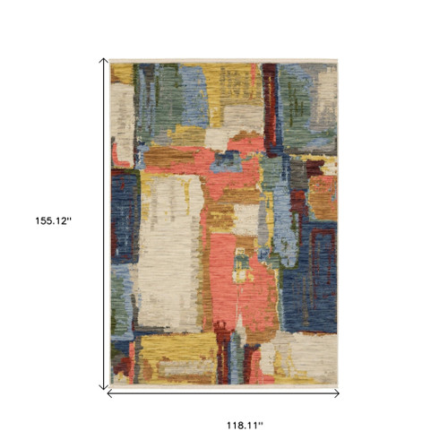 10' X 13' Pink Red And Yellow Abstract Area Rug With Fringe