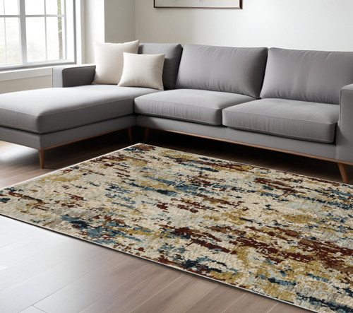 8' X 11' Beige Rust And Light Blue Abstract Distressed Area Rug With Fringe