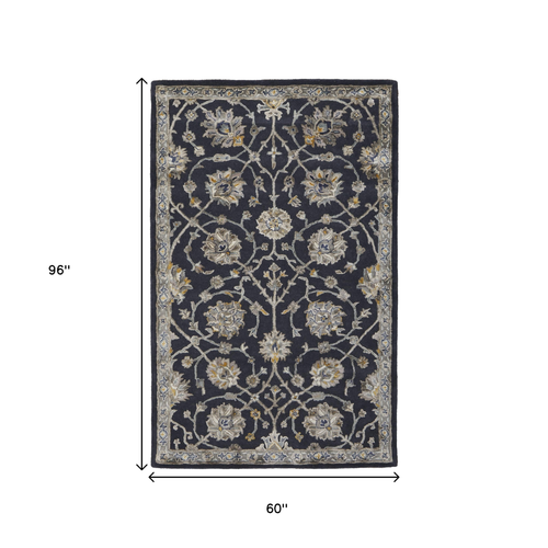 5' X 8' Blue Silver And Gray Floral Hand Tufted Area Rug