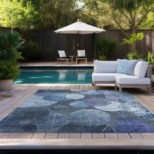 9' X 12' Gray and Blue Abstract Washable Non Skid Indoor Outdoor Area Rug