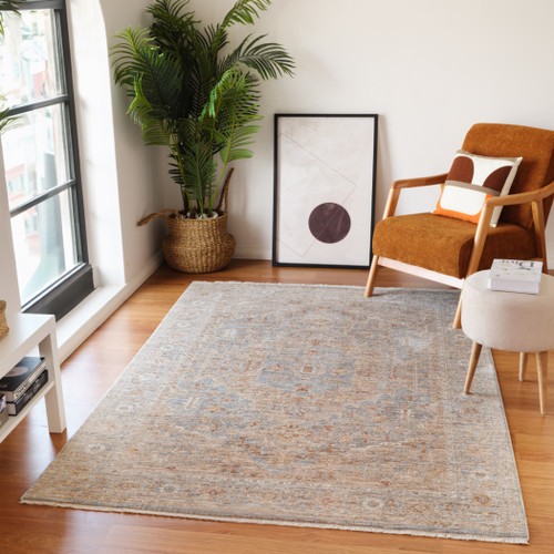 5' X 7' Blue And Sand Floral Medallion Area Rug With Fringe