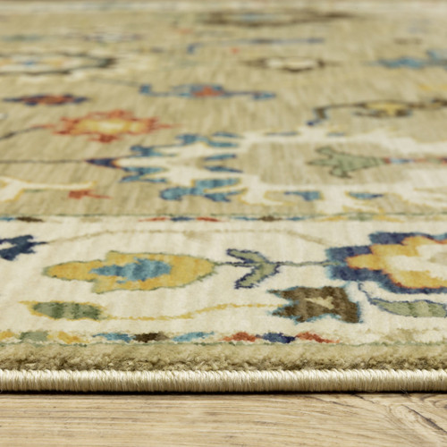 8' Beige Blue And Rust Oriental Runner Rug With Fringe