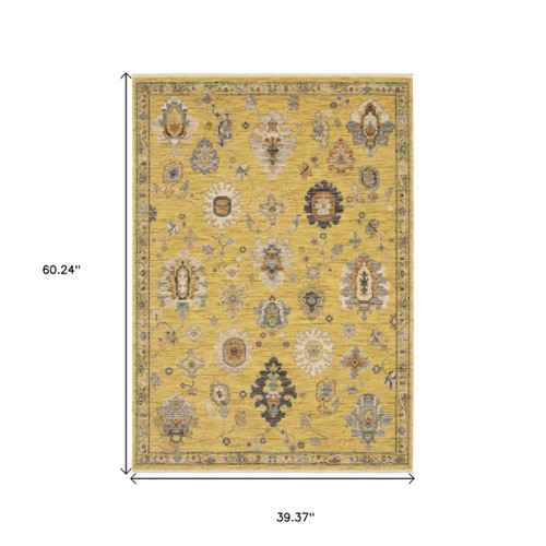 3' X 5' Yellow Ivory And Gray Oriental Area Rug With Fringe