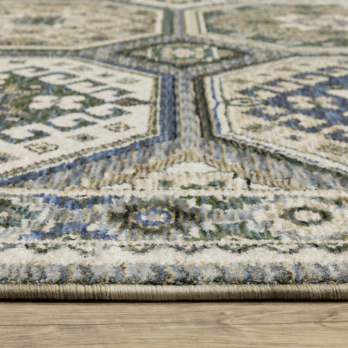 4' X 6' Ivory And Blue Medallion Area Rug With Fringe
