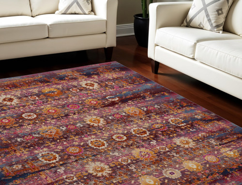 8' X 10' Blue Yellow And Red Floral Distressed Non Skid Area Rug