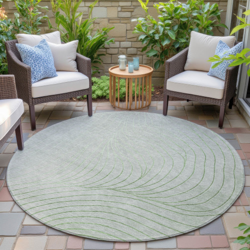 8' Artichoke Green And Silver Round Abstract Washable Indoor Outdoor Area Rug