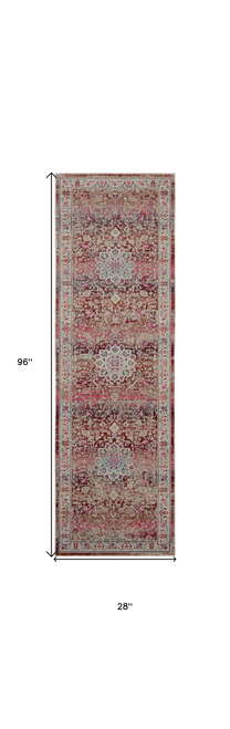 8' Ivory And Red Floral Distressed Runner Rug