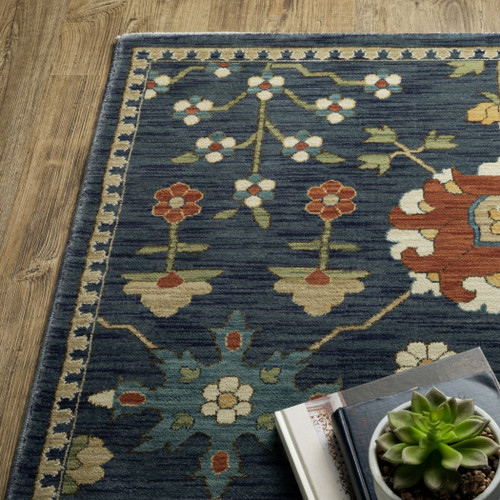 7' X 10' Blue And Gold Oriental Area Rug With Fringe