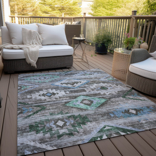 8' X 10' Brown Beige And Blue Southwestern Washable Indoor Outdoor Area Rug