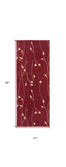 8' Runner Red Black and Ivory Floral Vines Power Loom Runner Rug