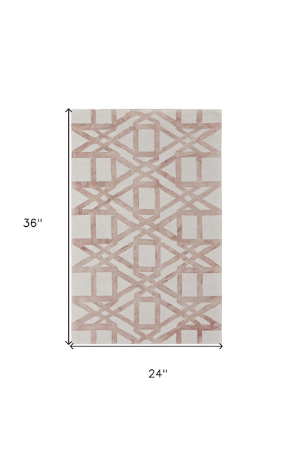 2' X 3' Ivory Pink and Tan Wool Geometric Hand Tufted Area Rug