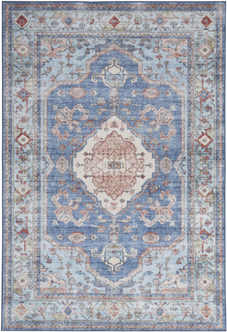 8' X 10' Ivory Red and Blue Floral Distressed Non Skid Area Rug