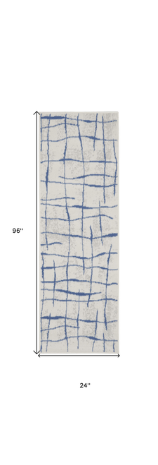 8' Ivory and Blue Abstract Distressed Non Skid Runner Rug