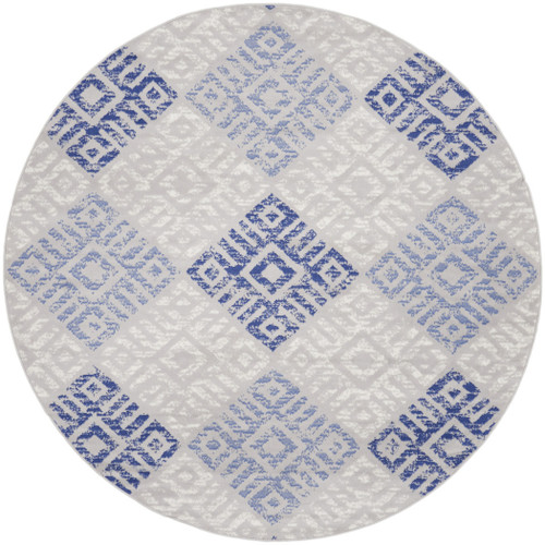 8' Beige Blue and Gray Geometric Round Rug