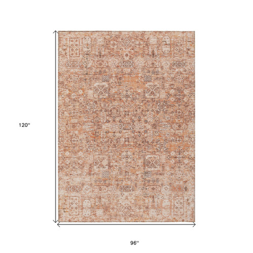8' X 10' Salmon Orange And Gray Floral Washable Indoor Outdoor Area Rug
