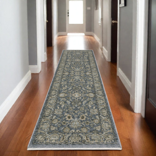 8' Blue And Beige Oriental Runner Rug With Fringe
