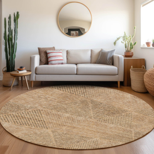 8' Copper Brown And Terra Cotta Round Geometric Washable Indoor Outdoor Area Rug
