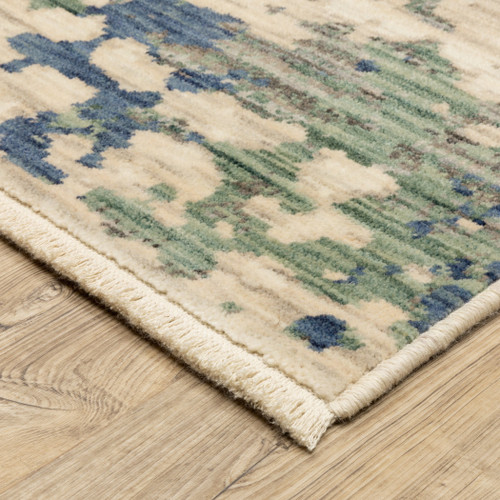8' X 11' Beige And Green Abstract Area Rug With Fringe
