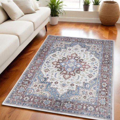 5' X 7' Ivory Red and Blue Medallion Distressed Non Skid Area Rug