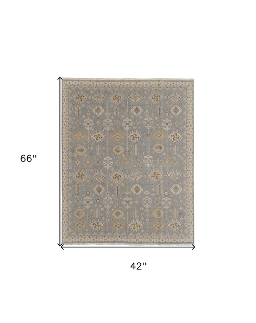 4' X 6' Gray and Ivory Wool Oriental Hand Knotted Area Rug With Fringe