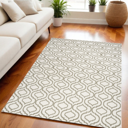5' X 7' Ivory and Green Trellis Non Skid Area Rug